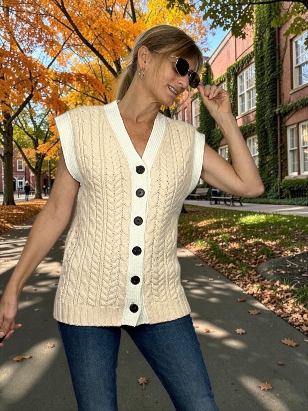 Rebecca Taylor Cable Knit Wool Sweater Vest S Pearl Cream Oversized